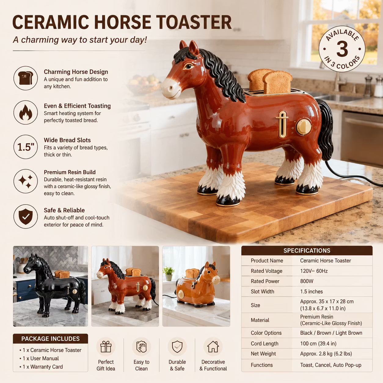 Creative 2-Slice Toaster | Horse Design Cute Aesthetic Kitchen Appliance for Cozy Breakfast & Unique Home Decor