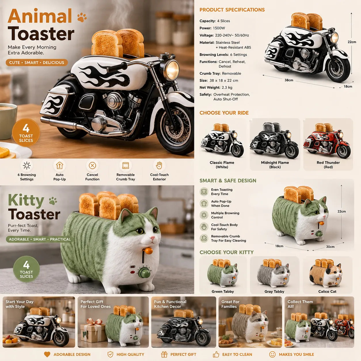 Creative 4-Slice Toaster | Cute Aesthetic Kitchen Appliance for Cozy Breakfast & Unique Home Decor