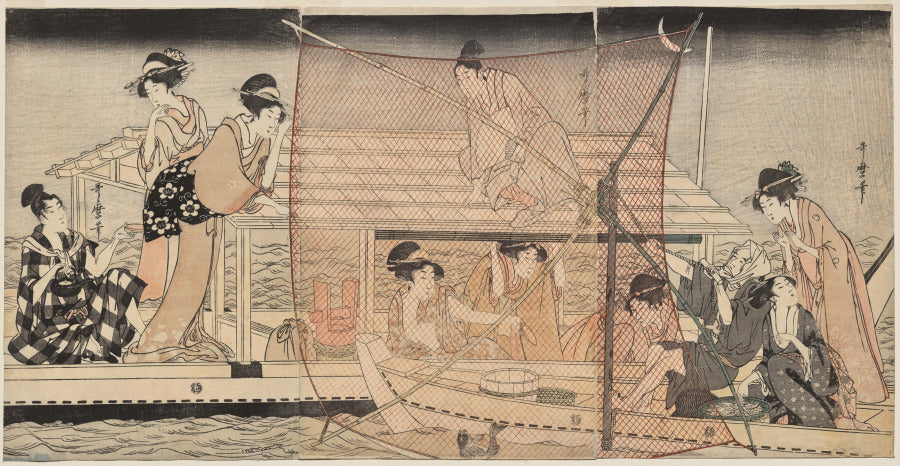 Net Fishing at Night on the Sumida River by Kitagawa Utamaro (Japanese, c. 1754–1806) - Classic Painting canvas print