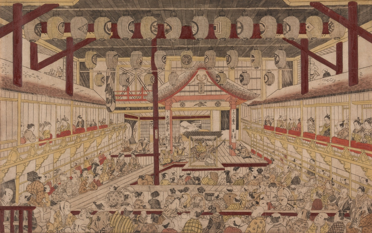 Perspective View of the Interior of the Nakamura Theater with Ichikawa Ebizo II as Yanone Goro by Okumura Masanobu (Japanese, 1686–1764) - Classic Painting canvas print