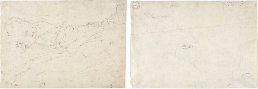 View of Marino recto Sketch for a Landscape verso by Jean Baptiste Camille Corot (French, 1796–1875) - Classic Painting canvas print