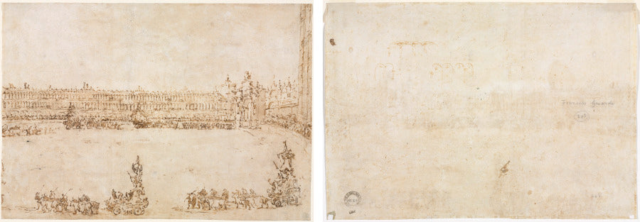A Procession of Triumphal Cars in the Piazza San Marco, Venice, Celebrating the Visit of the Conti del Nord recto Three Sketches of Arches verso by Francesco Guardi (Italian, 1712–1793) - Classic Art canvas print