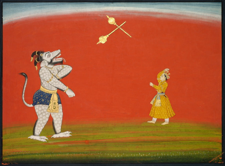 Pradyumna and Samvara fight with maces, from the Large Basohli Bhagavata Purana by  - Classic Art canvas print