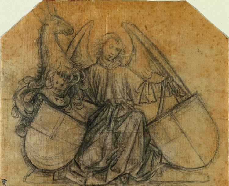 An Angel Supporting Two Escutcheons by Nikolaus Gerhaert von Leyden (German) - Classic Painting canvas print