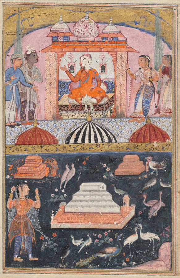 The merchant hears of his wifes unfaithfulness above the unfaithful wife performs penance by plucking her hair below, from a Tuti-nama Tales of a Parrot First Night by  - Classic Art canvas print