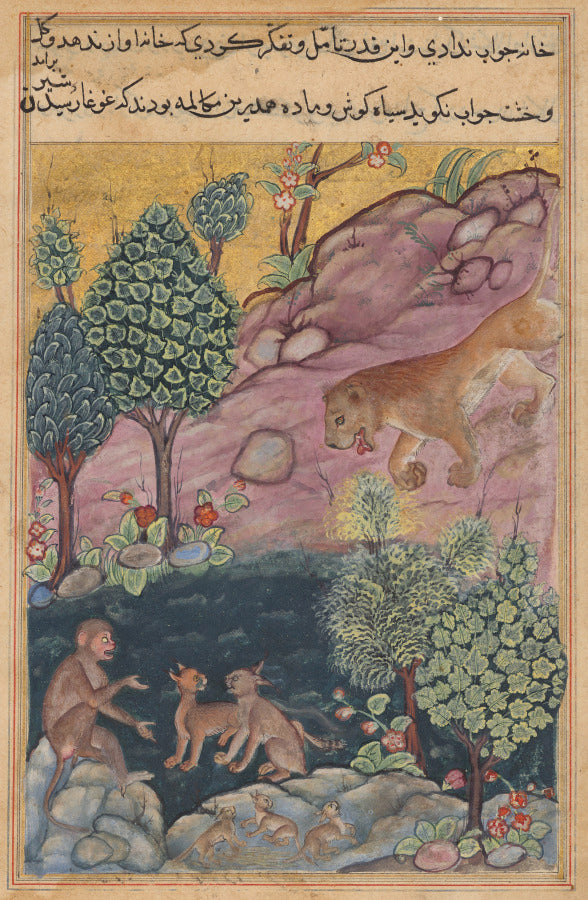 The lion returns to his territory and sees the monkey conversing with the lynx, from a Tuti-nama Tales of a Parrot Twenty-ninth Night by  - Classic Art canvas print