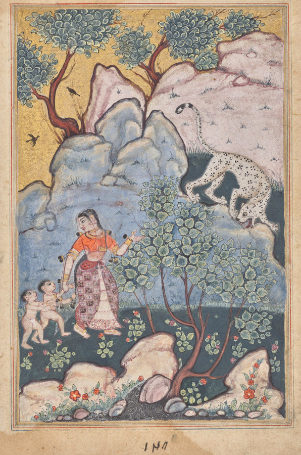 A woman with two children, having abandoned her home, goes into the forest where she encounters a leopard, from a Tuti-nama Tales of a Parrot Thirtieth Night by  - Classic Art canvas print