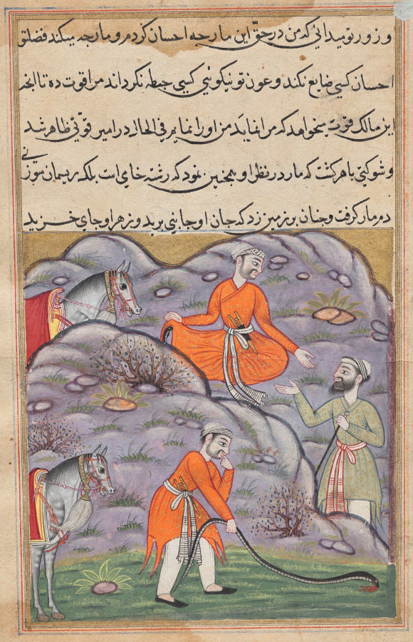 The emir slays the snake after giving it shelter, from a Tuti-nama Tales of a Parrot Forty-fifth Night by  - Classic Art canvas print