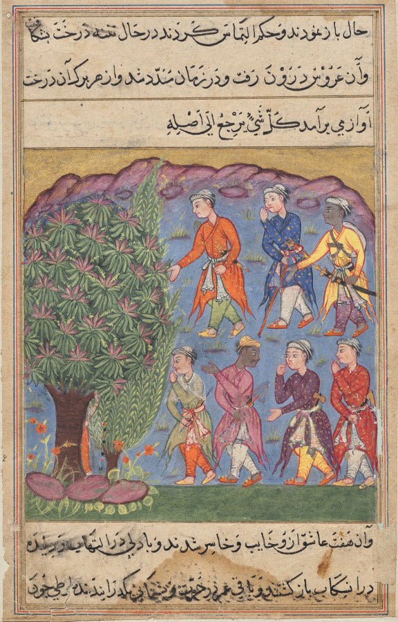 Seven men disputing possession of a woman bring her before the Tree of Justice into which she is absorbed, from a Tuti-nama Tales of a Parrot Sixth Night by  - Classic Art canvas print