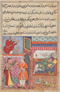 The viziers son receives the magic wooden parrot from the wife of the merchant, who is drunk, and has a replica made by a carpenter, from a Tuti-nama Tales of a Parrot Tenth Night by Lalu (Indian, active mid-1500s) - Classic Art canvas print
