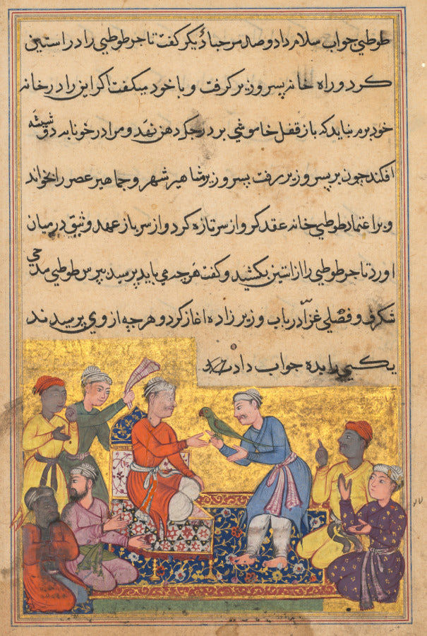 The magic parrot of the merchant talks to the viziers son, from a Tuti-nama Tales of a Parrot Tenth Night by Lalu (Indian, active mid-1500s) - Classic Art canvas print