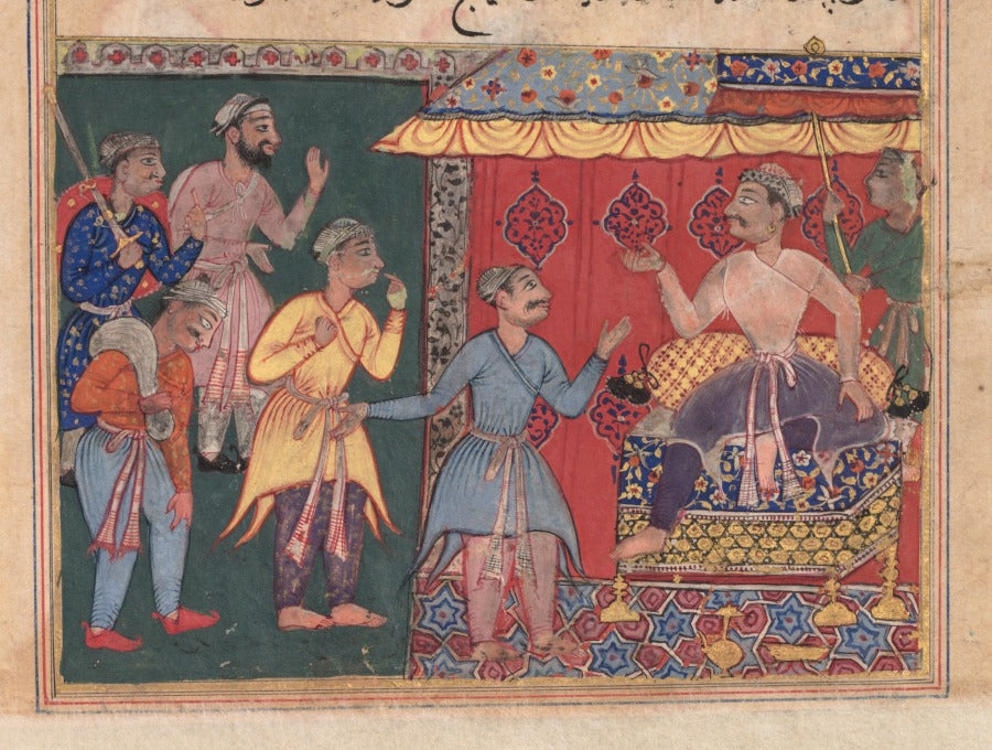 King Bhojaraja tries in vain to ascertain the whereabouts of the pearl from the four travelling companions, from a Tuti-nama Tales of a Parrot Twelfth Night by  - Classic Art canvas print