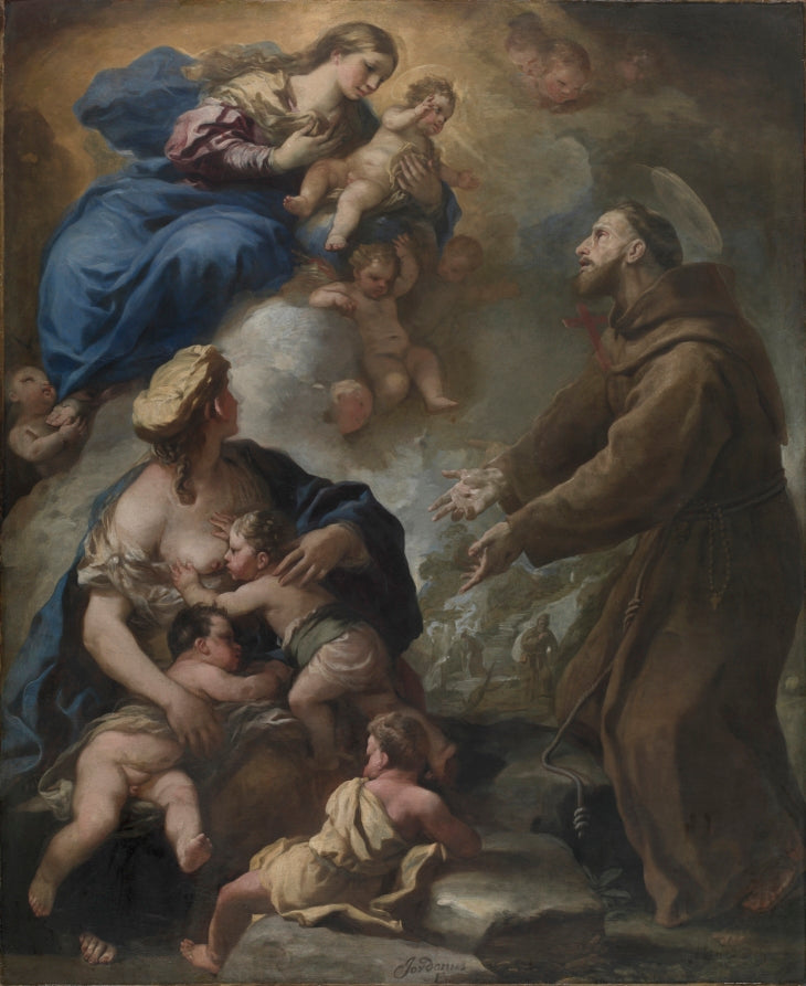 The Virgin and Child Appearing to Saint Francis of Assisi by Luca Giordano (Italian, 1634–1705) - Classic Art canvas print