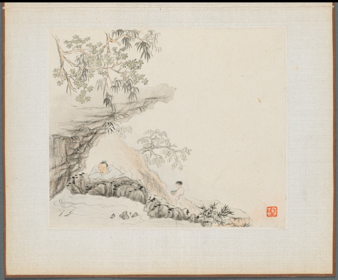Album of Landscape Paintings Illustrating Old Poems Scholar watching Fish by Hua Yan (Chinese, 1682–c. 1765) - Classic Art canvas print