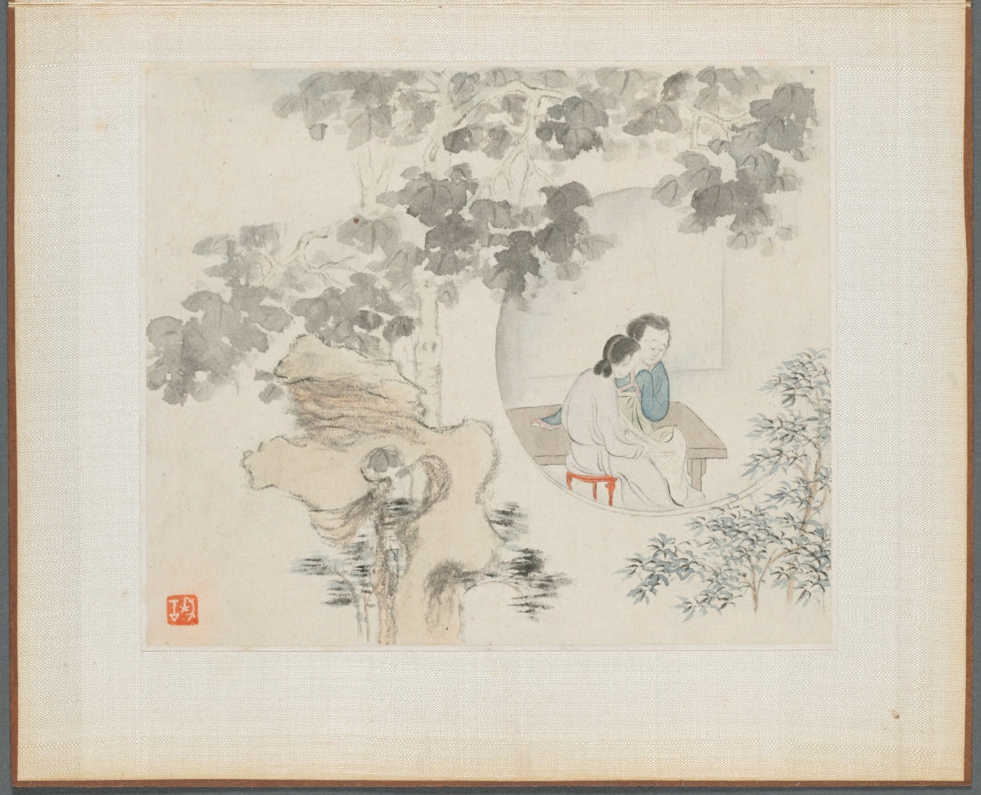Album of Landscape Paintings Illustrating Old Poems Two Women with Needlework in a Garden by Hua Yan (Chinese, 1682–c. 1765) - Classic Art canvas print