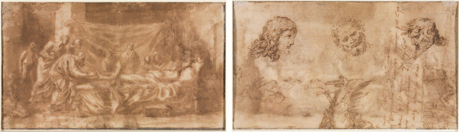 Extreme Unction recto Three Heads and Other Sketches verso by Nicolas Poussin (French, 1594–1665) - Classic Painting canvas print
