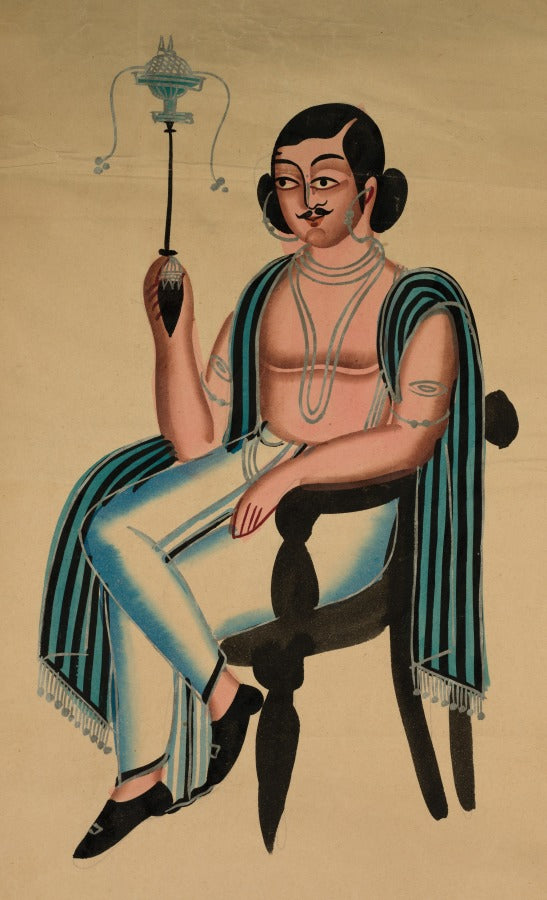 Man Seated in a European Chair Smoking a Margila Pipe, from a Kalighat album by  - Classic Art canvas print