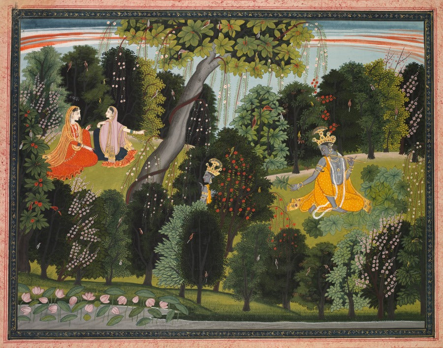 Sakhi persuades Radha to meet Krishna, from a Gita Govinda Song of the Cowherd of Jayadeva by Purkhu (Indian, 1750–1860) - Classic Art canvas print
