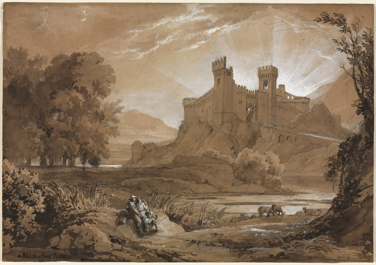 Landscape with Castle and Shepherds by Achille Etna Michallon (French, 1796–1822) - Classic Painting canvas print