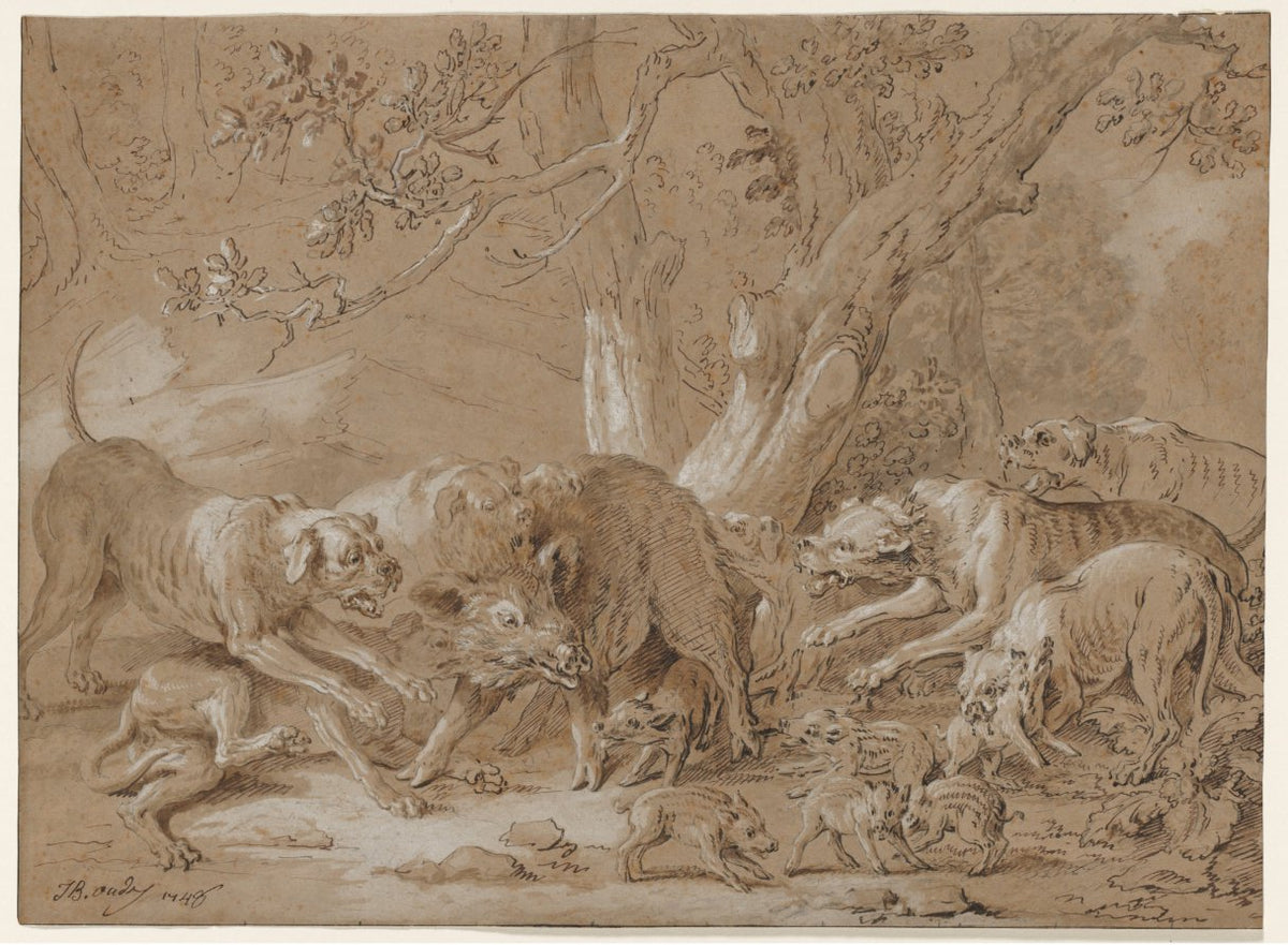 Wild Sow and Her Young Attacked by Dogs by Jean-Baptiste Oudry (French, 1686–1755) - Classic Art canvas print