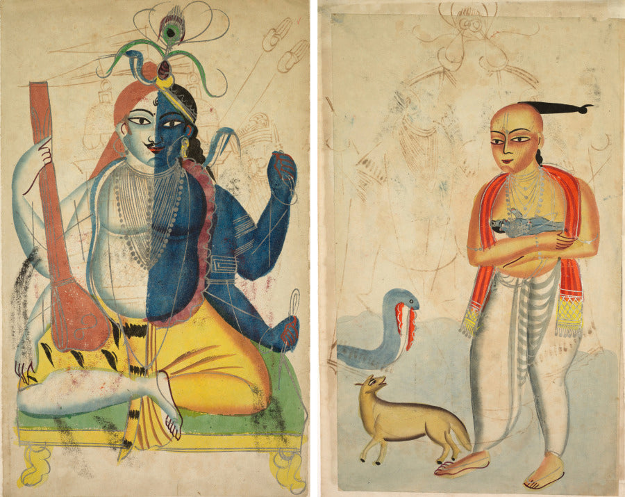 Leaf from a Kalighat album Hari-Hara recto Vasudeva Krishna's Father Fleeing with Krishna Encounters a Cobra and a Jackal verso by  - Classic Art canvas print