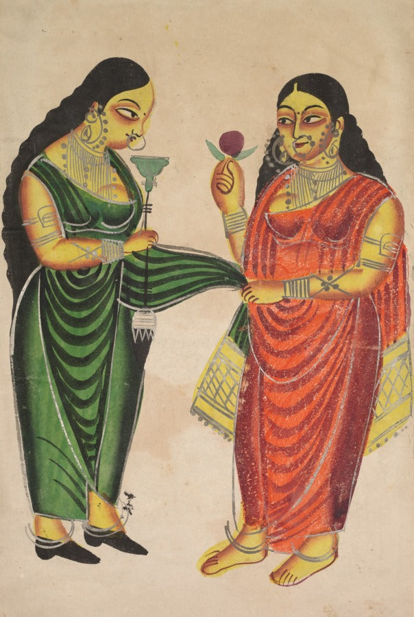 Maid bringing a hookah to a lady recto, from a Kalighat album by  - Classic Art canvas print