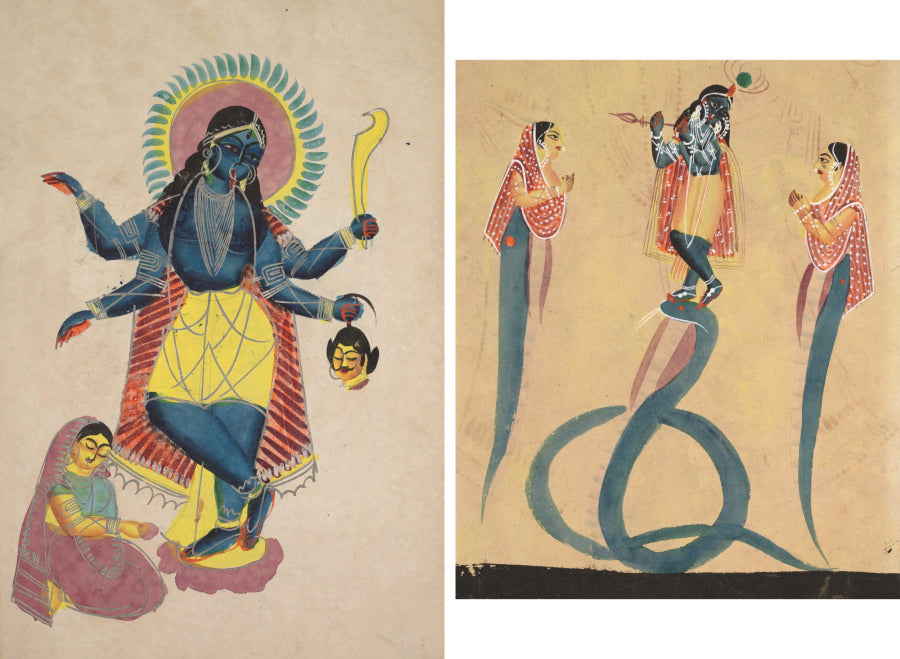 Leaf from a Kalighat album Krishna as Kali worshipped by Radha recto Krishna quells the serpent Kaliya verso by  - Classic Art canvas print