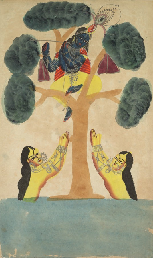 Krishna Steals the Clothes of the Cowgirls Gopis recto, from a Kalighat album by  - Classic Art canvas print