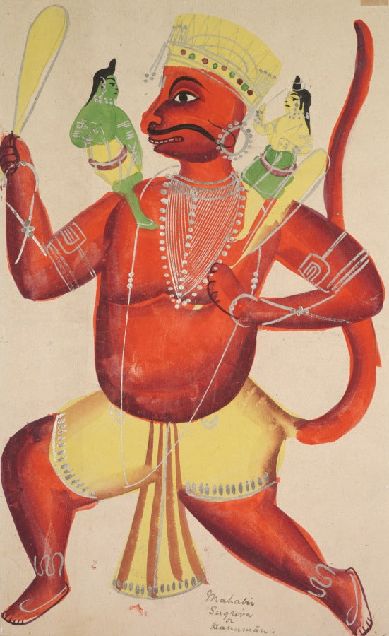 Hanuman with Rama and Lakshmana on his shoulders, from a Kalighat album by  - Classic Art canvas print