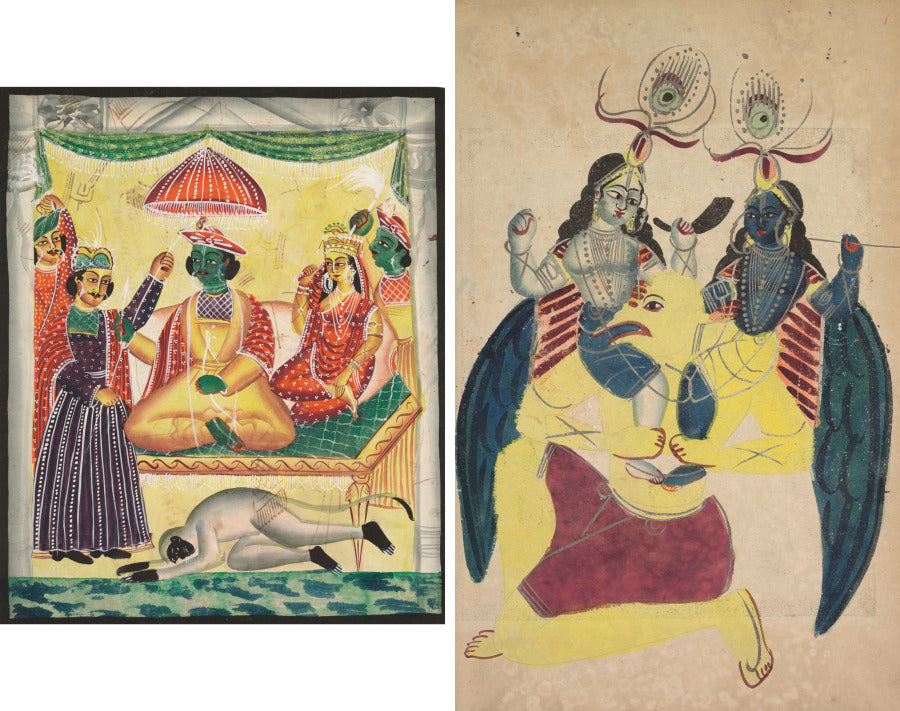 Leaf from a Kalighat album Rama and Sita enthroned recto Garuda carrying Balarama and Krishna verso by  - Classic Art canvas print