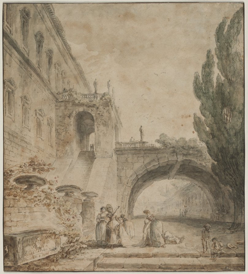 A Palace with an Arched Bridge A Roman Villa by Hubert Robert (French, 1733–1808) - Classic Painting canvas print