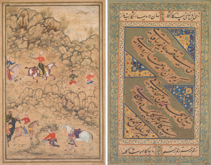 Hunting with falcons in a landscape verso Calligraphy of Chaghatai Turkish poems in praise of wine, Sultan Muhammad Nur Persian, c. 14721536 and Mirza Muhammad probably Persian, active c. 1520s by Abd al-Samad (Persian, c. 1510–1600) - Classic Art canvas print