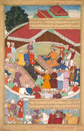 Hulagu Khan giving a feast and dispensing favor upon the amirs and princes, from a Chingiz-nama Book of Chingiz Khan of the Jami al-tavarikh Compendium of Chronicles by Lal (Indian, active c. 1555–1600) - Classic Art canvas print