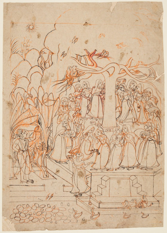 Krishna watches the milkmaids  circumambulating a sacred tree The month of Jyestha MayJune, from a Barahmasa The Twelve Months by  - Classic Art canvas print