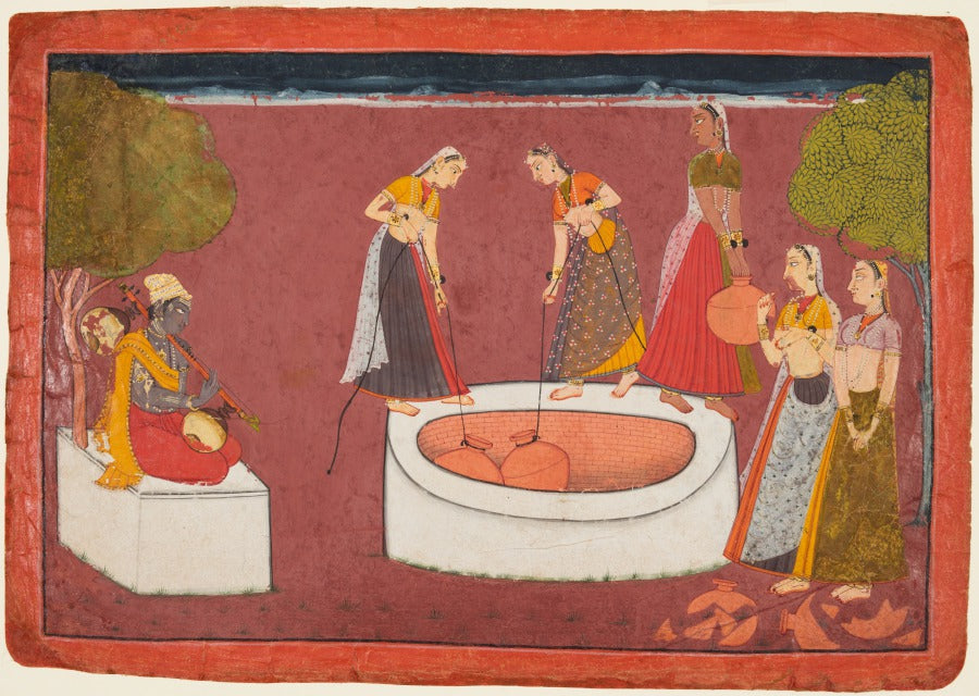 Madhava plays his vina before five women drawing water from a well, folio 3 from a Madhavanala-Kamakandala by  - Classic Art canvas print