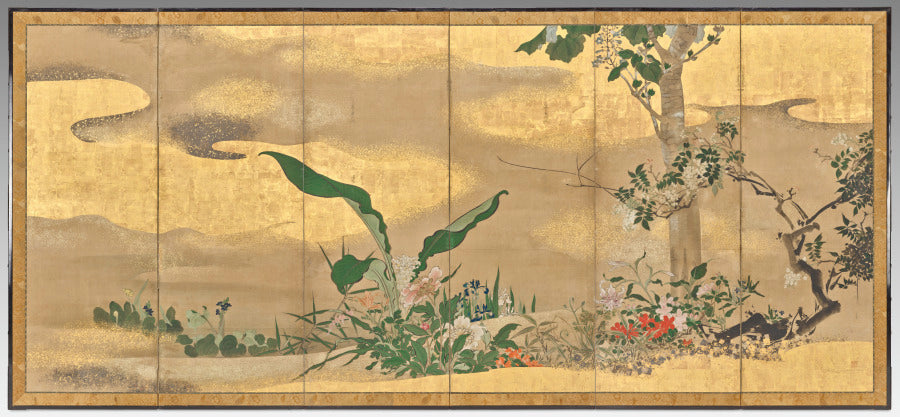 Flowers and Trees of the Four Seasons right screen by Watanabe Shikō (Japanese, 1683–1755) - Classic Art canvas print