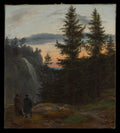 Two Men before a Waterfall at Sunset by Johan Christian Dahl - Oil Painting canvas print