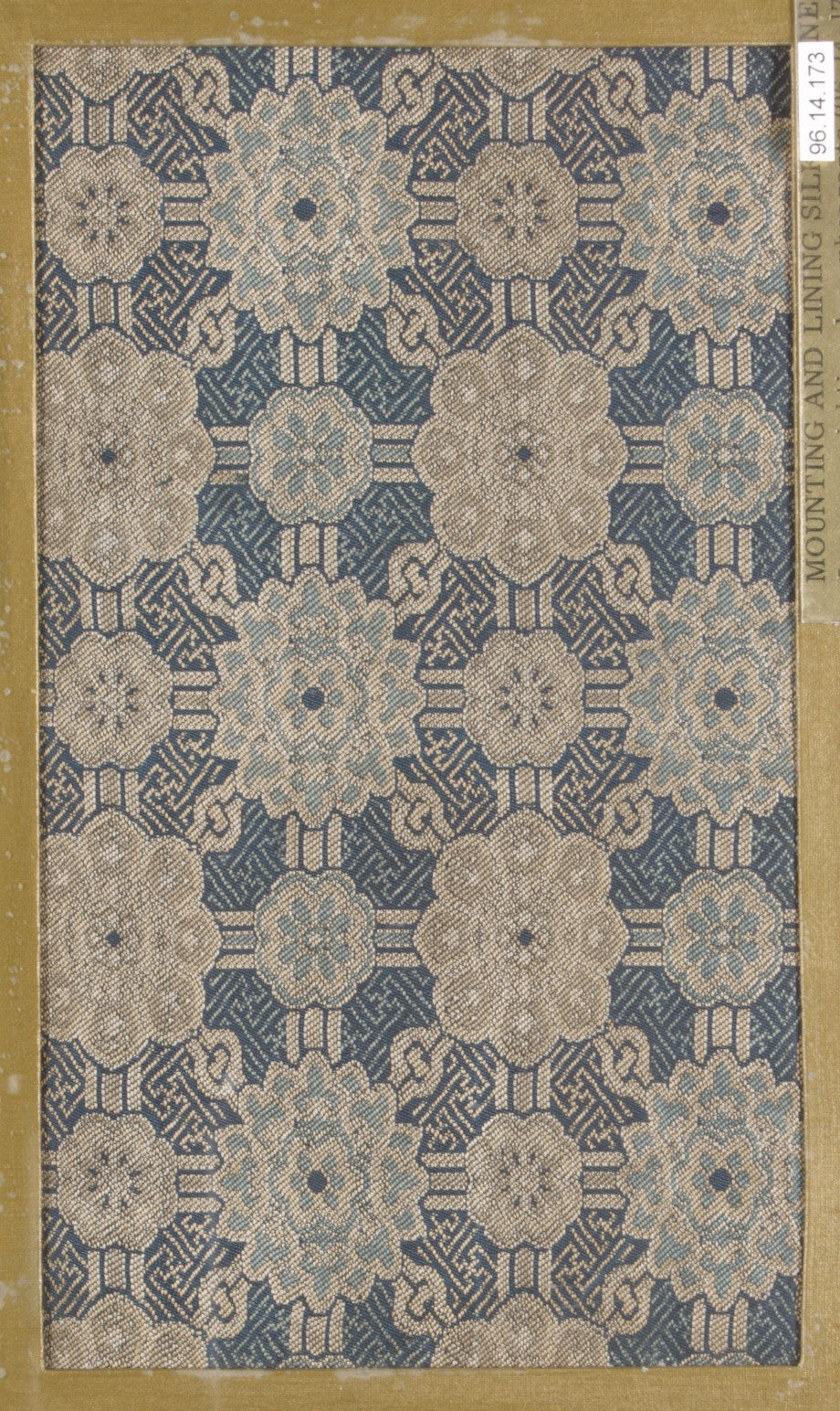 Textile fragment with repeating pattern of floral medallions in latticework on swastika-fret ground by  - Classic Art canvas print