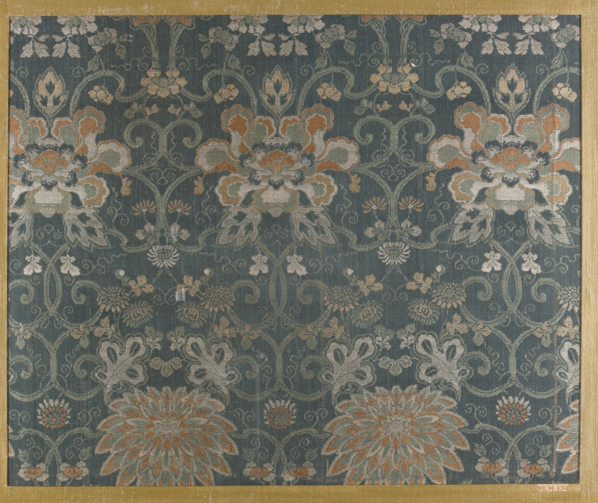 Textile fragment with repeating pattern of chrysanthemums and peonies in floral arabesque by  - Classic Art canvas print