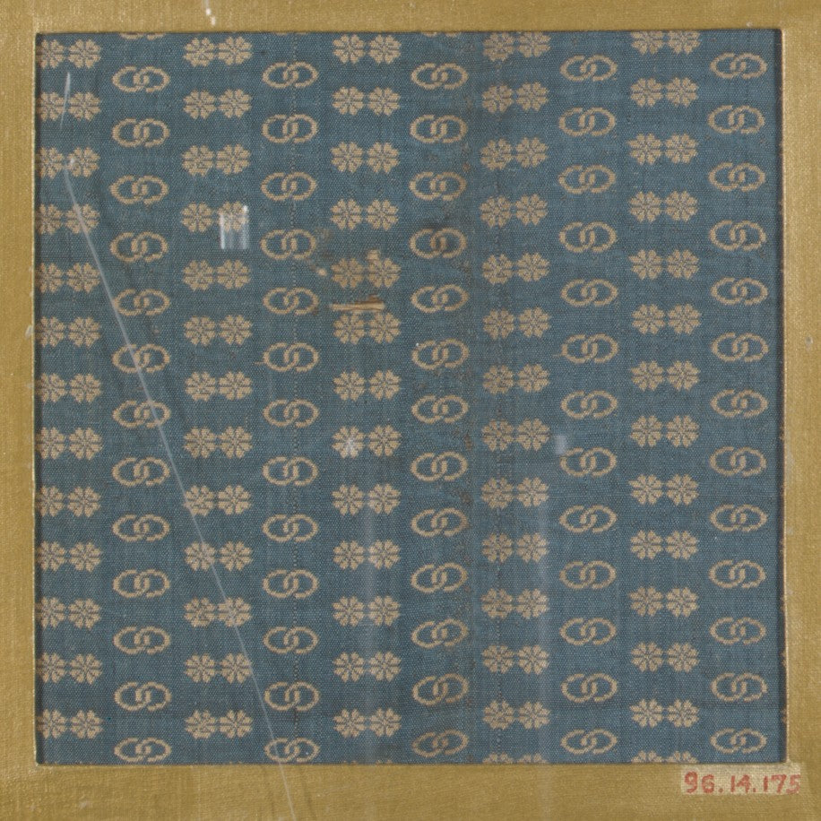 Textile fragment with repeating pattern of paired flowers and linked circles by  - Classic Art canvas print