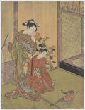 Two Girls Looking at a Monkey on a Leash by Suzuki Harunobu - Ukiyo-e canvas print