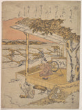 Woman on Veranda, Spinning another Pounding Cloth on Rock in Foreground by Katsukawa Shunshō　勝川春章 - Ukiyo-e canvas print