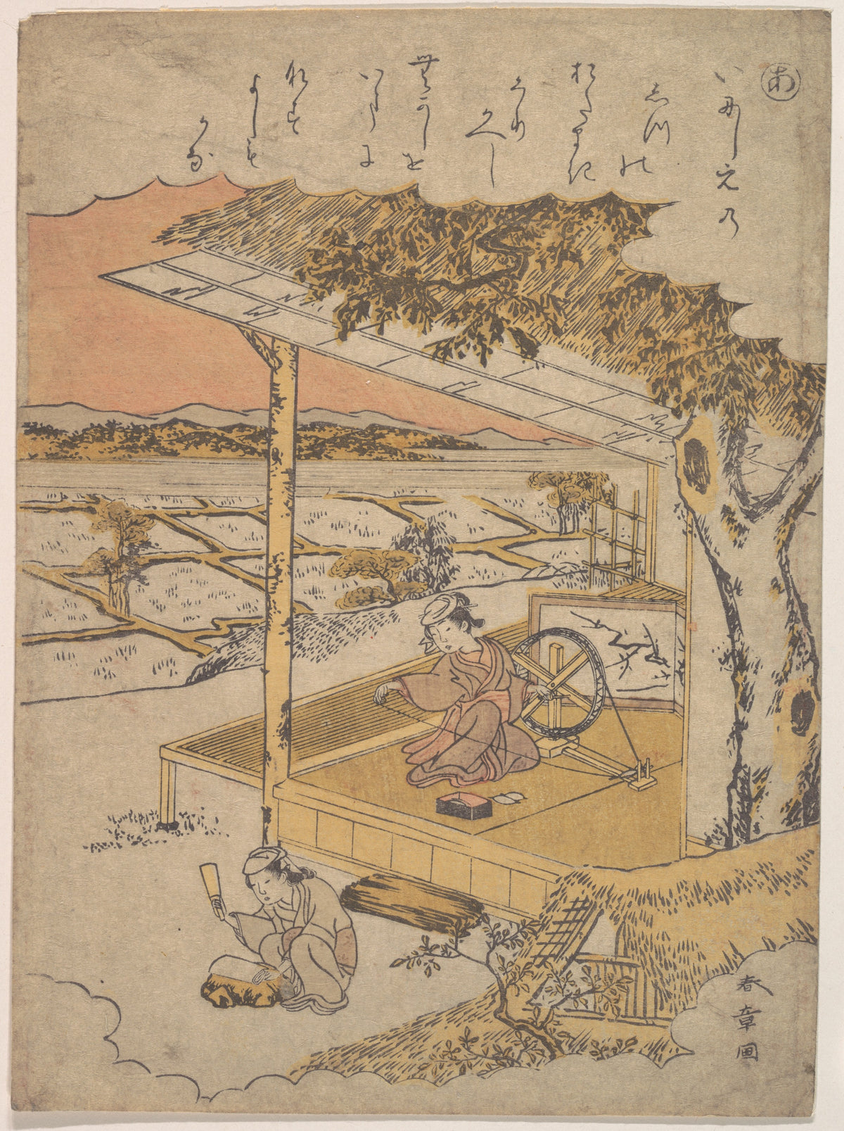 Woman on Veranda, Spinning another Pounding Cloth on Rock in Foreground by Katsukawa Shunshō　勝川春章 - Ukiyo-e canvas print