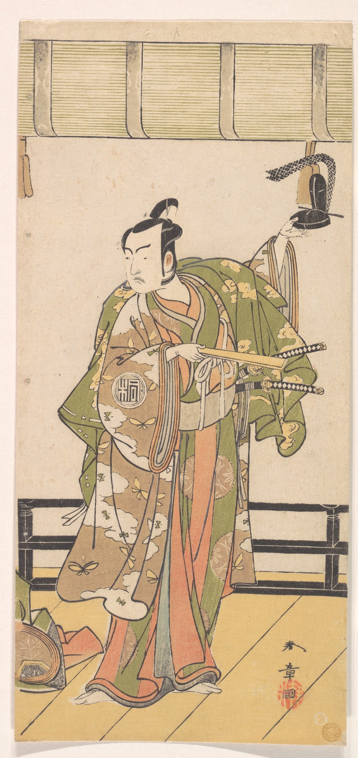 Arashi Sangoro as a Samurai Standing on the Veranda of a Great House by Katsukawa Shunshō　勝川春章 - Ukiyo-e canvas print