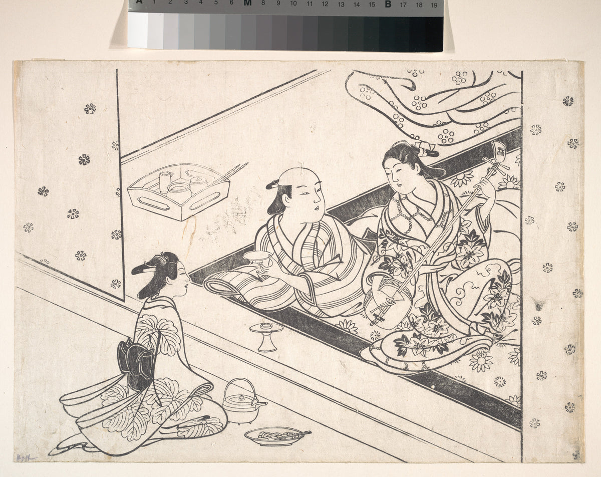 Lady Playing Shamisen, with Her Lover and Attendant Nearby by Nishikawa Sukenobu - Ukiyo-e canvas print