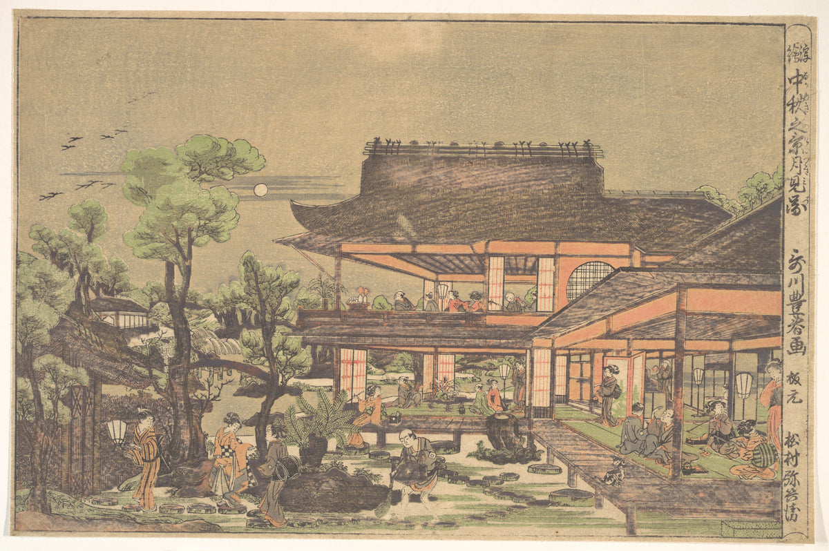 Teahouse Scene entitled Viewing the Moon in midautumn by Utagawa Toyoharu - Ukiyo-e canvas print