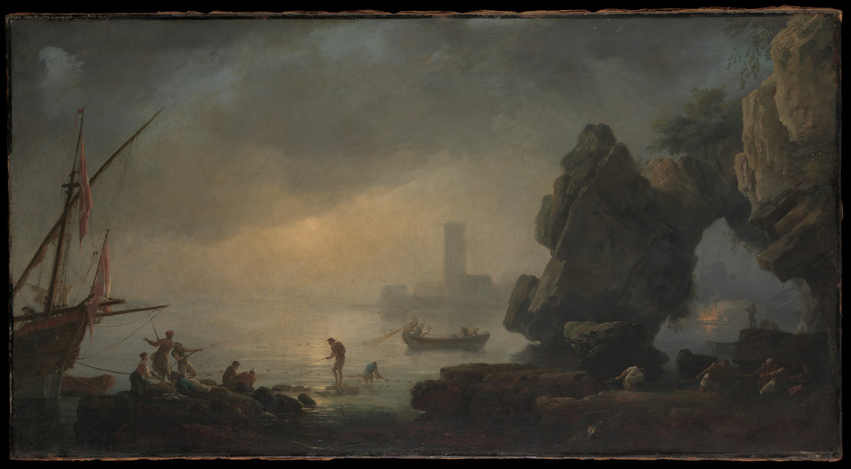 Harbor Scene with a Grotto and Fishermen Hauling in Nets by Joseph Vernet - Oil Painting canvas print