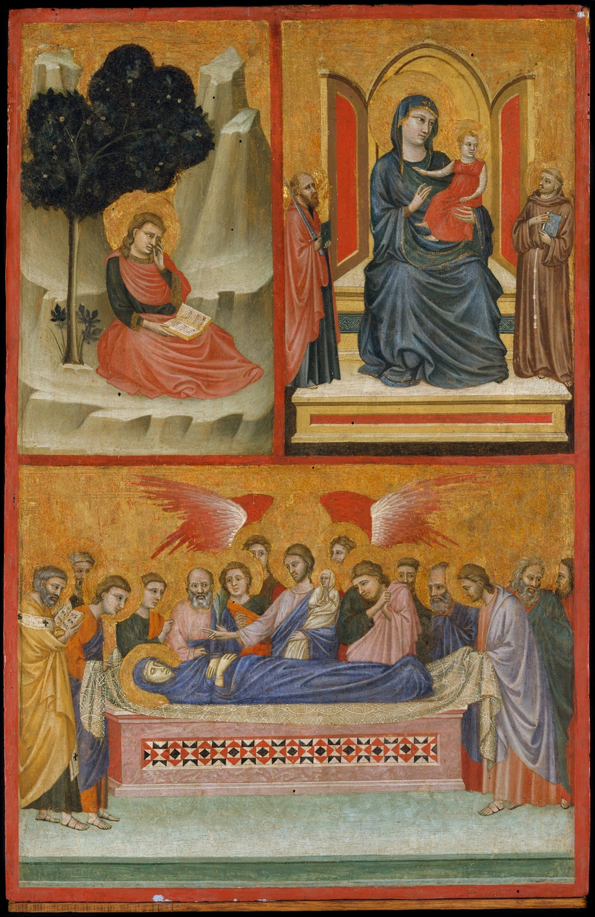 Saint John on Patmos, Madonna and Child Enthroned, and Death of the Virgin The Crucifixion by Pacino di Bonaguida - Tempera canvas print