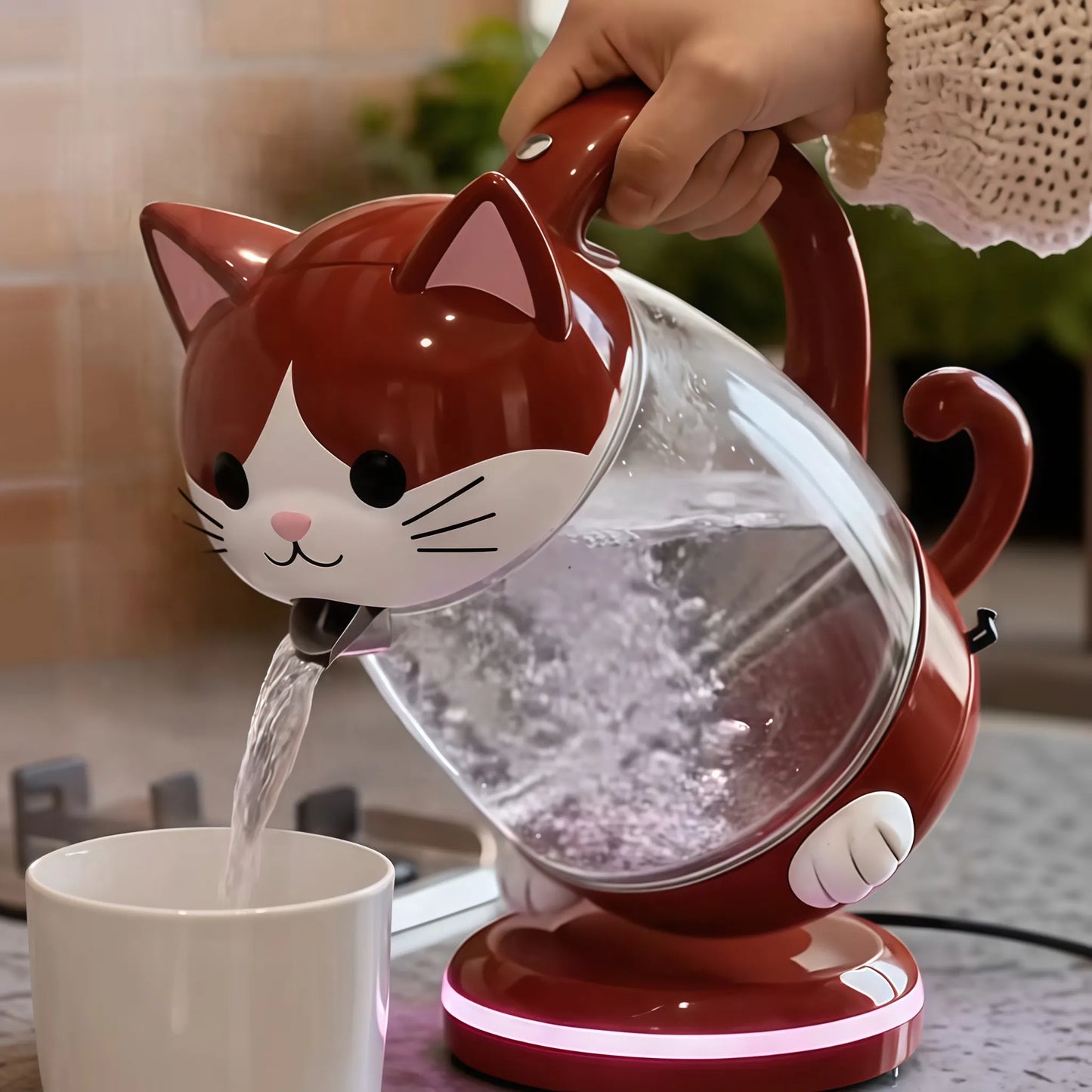Aesthetic Pet Series Electric Kettle - 1.7L Premium Glass Kettle with Smart LED Atmosphere Temperature Ring-Red Cat