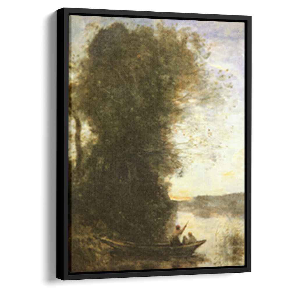 The Boatman Left the Bank with a Woman and a Child Sitting in his Boat, Sunset by Camille Corot by Camille Corot - Realist canvas print